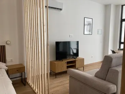 a living room with a couch and a flat screen tv at Dormavalencia Crónica in Valencia