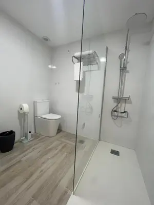 a bathroom with a glass shower and a toilet at Apartamentos ESPIGAS PUERTO in Valencia