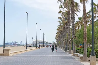 a sidewalk with palm trees and people walking on the beach at ApartUP Ca La Leni Beach I in Valencia