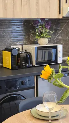 a microwave on a kitchen counter with a table with a vase of a flower at Inspiracion Valencia in Valencia