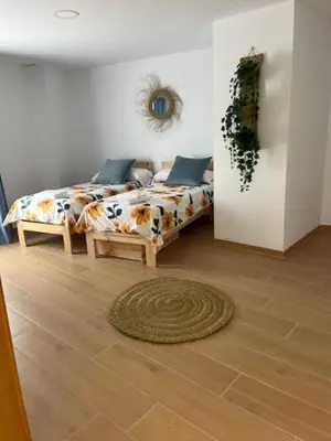 a living room with a bed and a rug on the floor at ALZIRA BONiTA LES BARRAQUES LOFT in Alzira