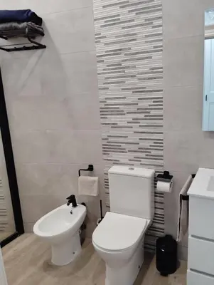 a bathroom with a white toilet and a sink at Apartamento Plaza Palmeras in Burjasot