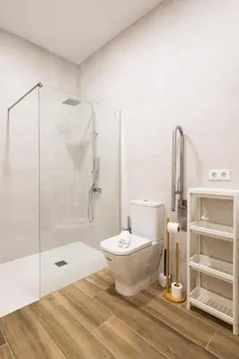 a bathroom with a toilet and a glass shower at La casa de la pintora by Concept Flats in Valencia