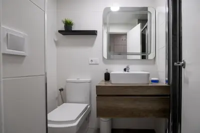 a bathroom with a sink and a toilet and a mirror at Apartment in El Mercat in Valencia