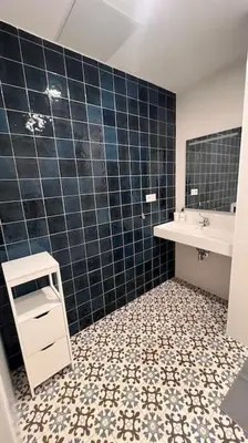 a bathroom with a sink and a blue tiled wall at Artes y ciencias D with fast Wifi and terrace in Valencia