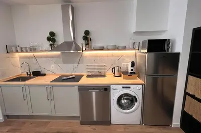 a kitchen with a washing machine and a refrigerator at Las Artes y las Ciencias I in Valencia