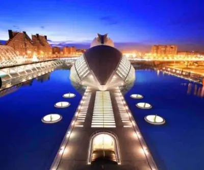 a view of the building at night at Ruzafa experience Oceanografic ciencias in Valencia