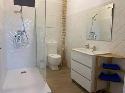 a bathroom with a toilet and a sink and a shower at Apto ruzafa patio center science oceanografic in Valencia