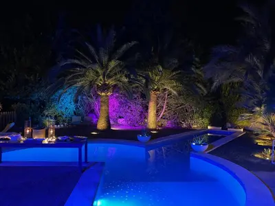 a pool at night with palm trees and lights at CASA Silvestre in La Eliana