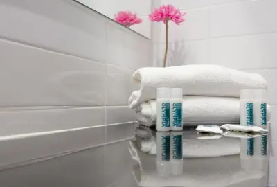 a bathroom with towels on a counter and a mirror at Hotel Olympia Universidades in Valencia