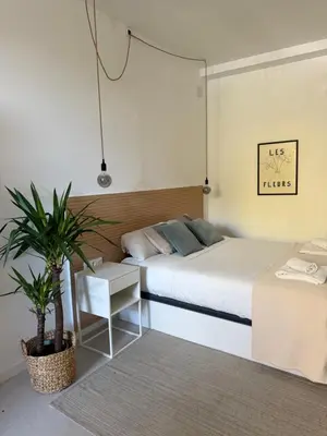 a bedroom with a bed and a potted plant at Loft Mar Ruzafa-Parque central in Valencia