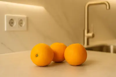 four oranges sitting on a counter in a bathroom at Formidable Apartments in Valencia