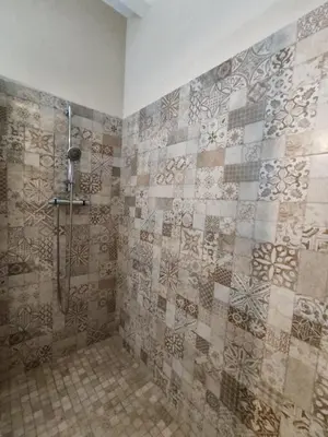 a bathroom with a shower with a tiled wall at Casa Bonaire in Chella