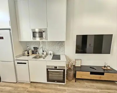 a white kitchen with a sink and a refrigerator at HOB Las Ciencias Terrace II in Valencia