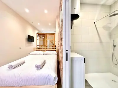 a bedroom with a bed and a shower at Lofts Casa Tropicana in Valencia