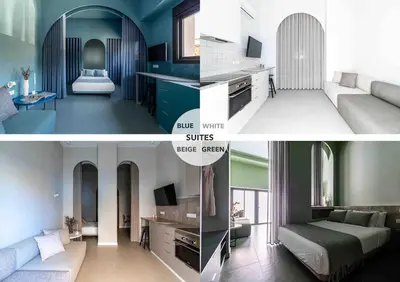 a collage of two pictures of a room at Valencia Malvarrosa beach point blue in Valencia