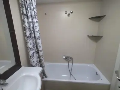 a bathroom with a tub and a toilet and a shower curtain at Ciudad de las Artes y Arena Roig apartmento in Valencia