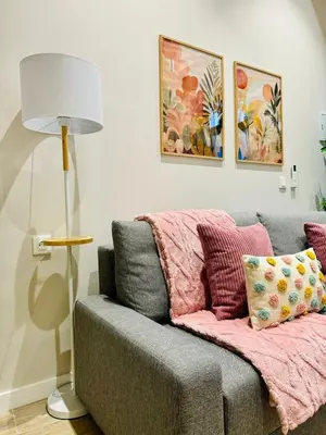 a living room with a gray couch with a pink blanket at Cozy & Stylish Loft near City Center in Valencia