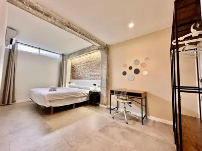 a bedroom with a bed and a desk at Turia Gardens & Science & Center in Valencia