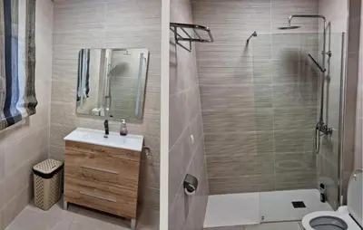 a bathroom with a shower and a sink and a mirror at Amazing Home In Macastre With Sauna in Macastre