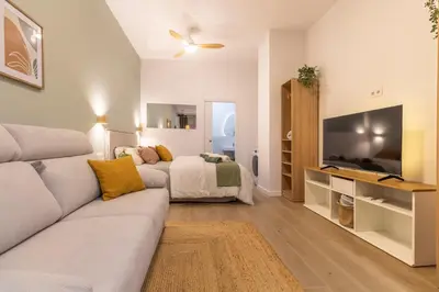 a living room with a couch and a tv at Paradise Suite - Cómodo y acogedor - Conectado con Aeropuerto, Playa y Centro in Valencia