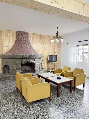 a living room with chairs and a stone fireplace at Cau de Serra 