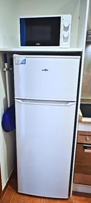 a white refrigerator with a microwave on top of it at Vacansis Loft Plaza del Pilar in Valencia