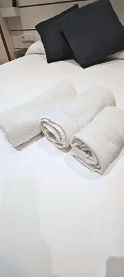 two towels are sitting on a white bed at Vacansis Loft Plaza del Pilar in Valencia