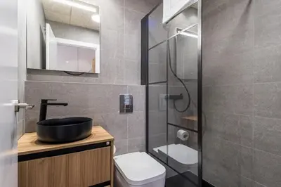 a bathroom with a shower with a sink and a toilet at Premium Suite by the Turia River 3 in Valencia
