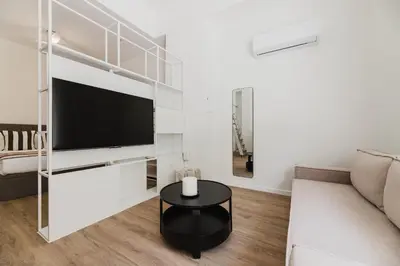 a living room with a couch and a tv and a table at Gran Turia Apartments in Valencia
