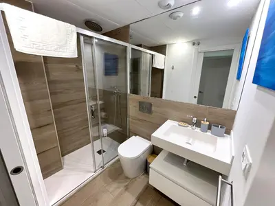 a bathroom with a shower and a toilet and a sink at Central Market Deluxe Apartments in Valencia