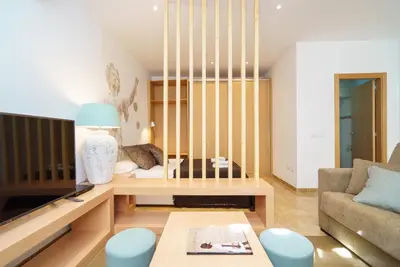 a living room with a couch and a tv at Apartamentos Mercat in Valencia