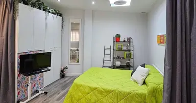 a bedroom with a green bed and a flat screen tv at Estudio Loft área Ruzafa in Valencia