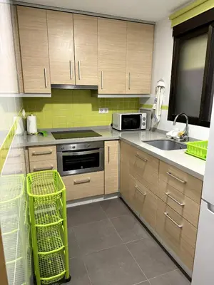 a kitchen with wooden cabinets and a sink at Brisa de mar in El Perelló