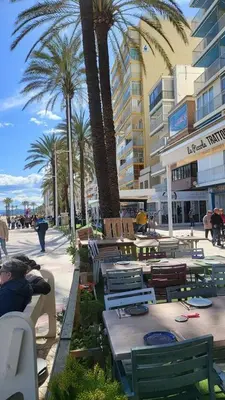a group of tables and chairs on a sidewalk with palm trees at Medusa Felix in Cullera