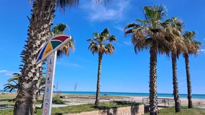 a sign on the beach with palm trees at Mi refugio en la playa in Moncófar