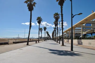 a sidewalk lined with palm trees next to a beach at RelaxUp Apartment Patacona Beach in Valencia