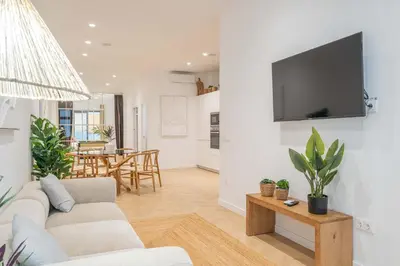 a living room with a couch and a tv on a wall at Flats poeta serrano in Valencia