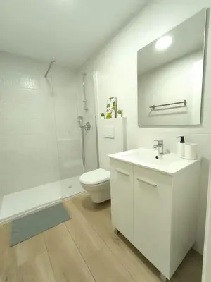 a bathroom with a toilet and a sink and a shower at Little Rose apartment in Godella