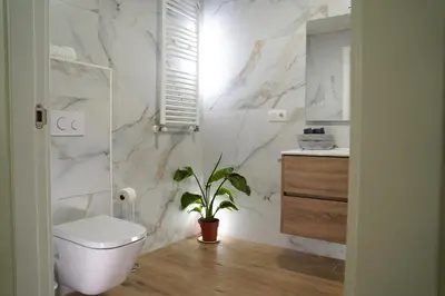 a bathroom with a toilet and a plant in it at Casa Dolce Casa - Elegant 3BR Apartment Near Metro & Beach,Valencia in Valencia