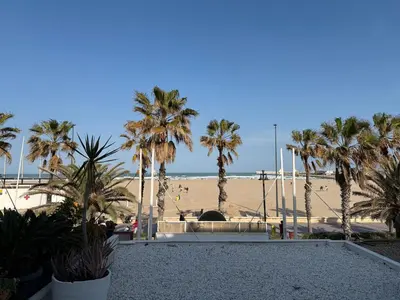 a view of a beach with palm trees and the ocean at Exclusive beachfront apartment in Valencia