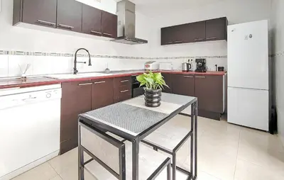 a kitchen with a table with a plant on it at Pet Friendly Home In Puerto De Sagunto in Puerto de Sagunto