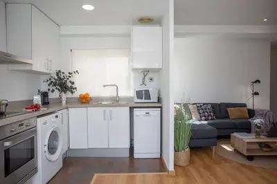 a kitchen and a living room with a couch at SingularStays Plaza Andújar in Valencia
