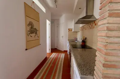 a kitchen with a counter with a horse picture on the wall at Peaceful apartment in Peñalba in Peñalba