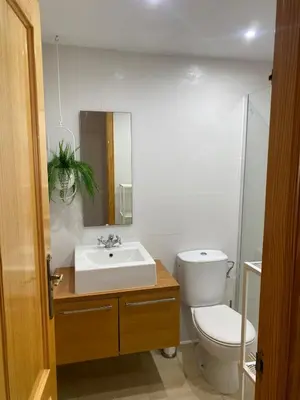 a bathroom with a sink and a toilet and a mirror at Encantador apartamento con terraza en la Playa de Moncófar in Moncófar