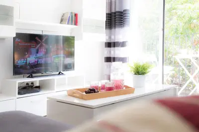 a living room with a tv and a table with a bowl of fruit at SingularStays Na Jordana in Valencia