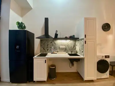 a kitchen with a sink and a black refrigerator at Duplex City of Arts & Science in Valencia