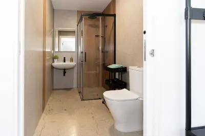 a bathroom with a shower and a toilet and a sink at Casa Ambrosia in Valencia