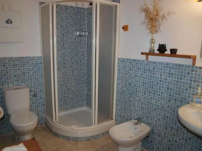 a bathroom with a shower and a toilet and a sink at Les Eres de Gátova in Gátova