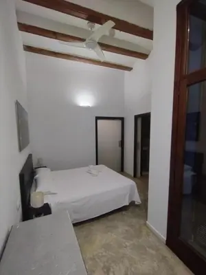 a bedroom with a white bed and a ceiling fan at Cozy apartment in the old town - San Ramon in Valencia